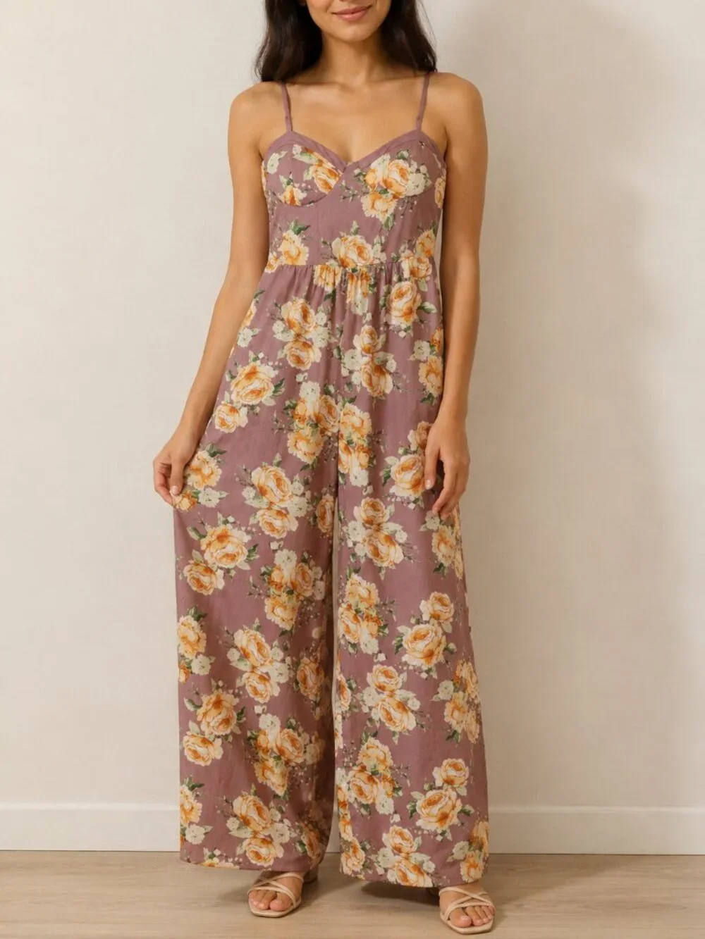 Band of Gypsies Floral Wide Leg Jumpsuit Mauve Rose Boho Cottagecore S - Picture 1 of 6